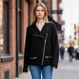 🌻 Maje Black Moxy Black Angora Blend Asymmetrical Zip Ribbed Cardigan sz. Small